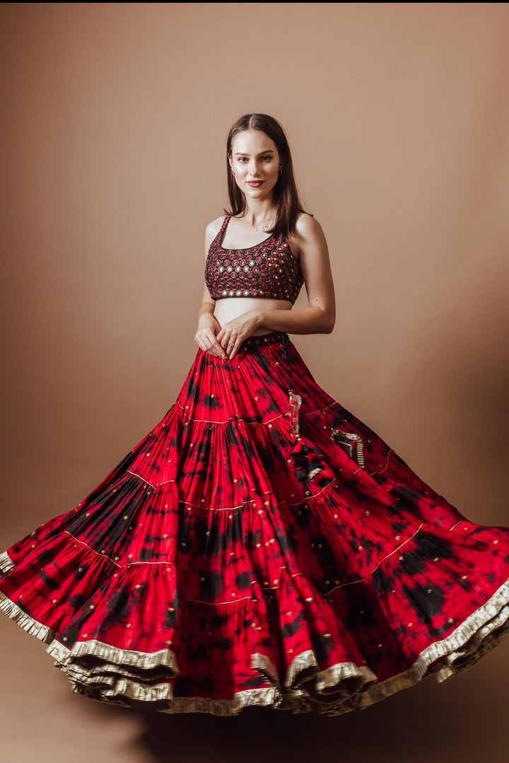 Red Tie Dye Lehenga with Gaji Silk Dupatta-Raas USA