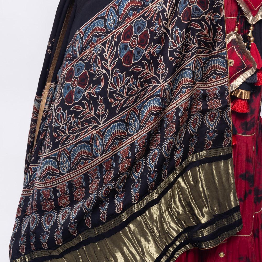 Red Tie Dye Lehenga with Gaji Silk Dupatta-Raas USA