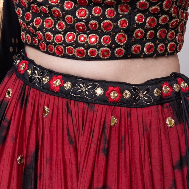 Red Tie Dye Lehenga with Gaji Silk Dupatta-Raas USA