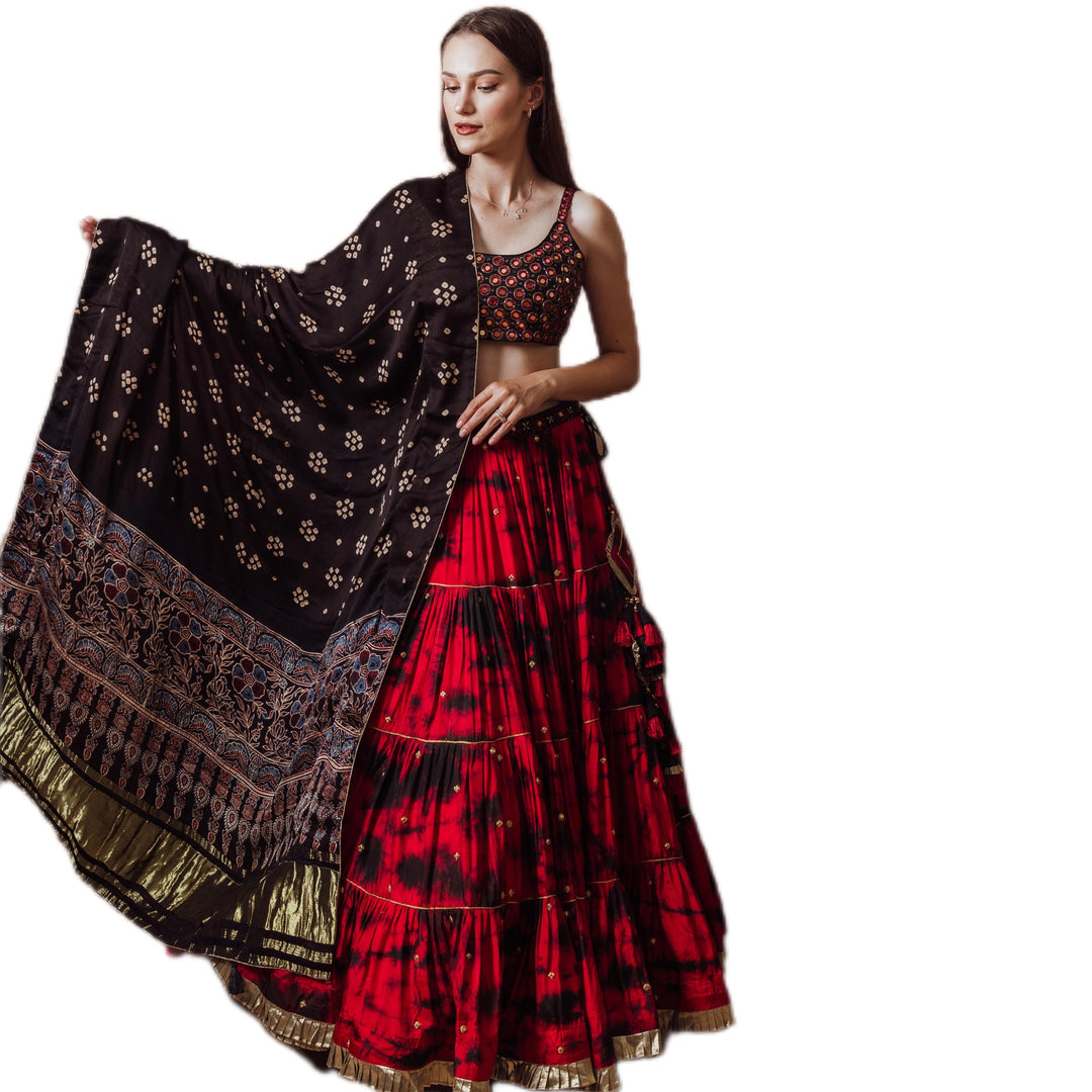 Red Tie Dye Lehenga with Gaji Silk Dupatta-Raas USA
