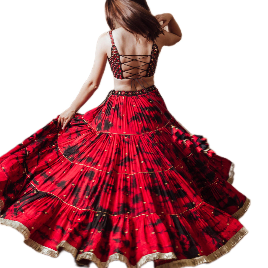 Red Tie Dye Lehenga with Gaji Silk Dupatta-Raas USA