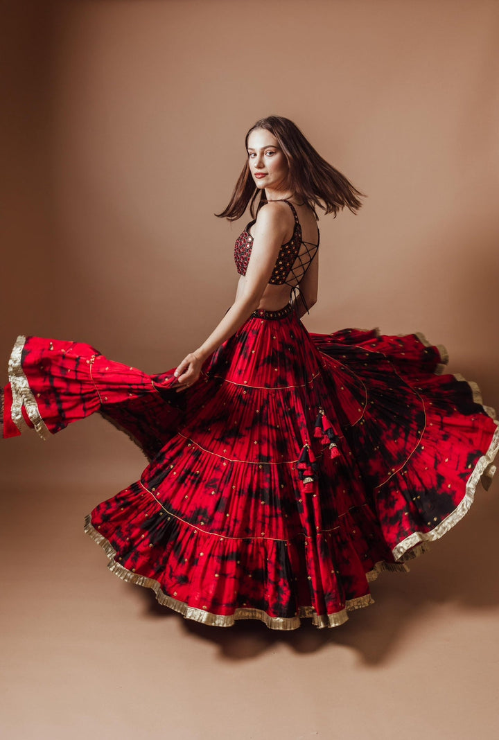 Red Tie Dye Lehenga with Gaji Silk Dupatta-Raas USA