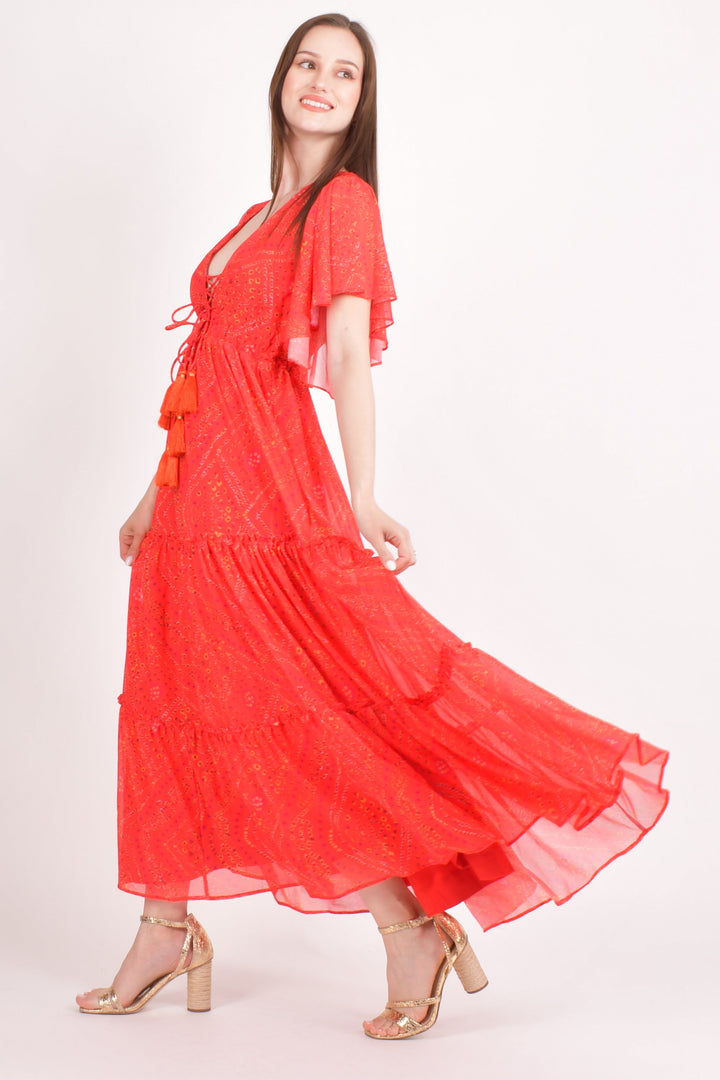 Red Tiered Maxi Dress-Raas USA