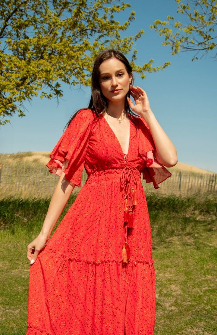 Red Tiered Maxi Dress-Raas USA