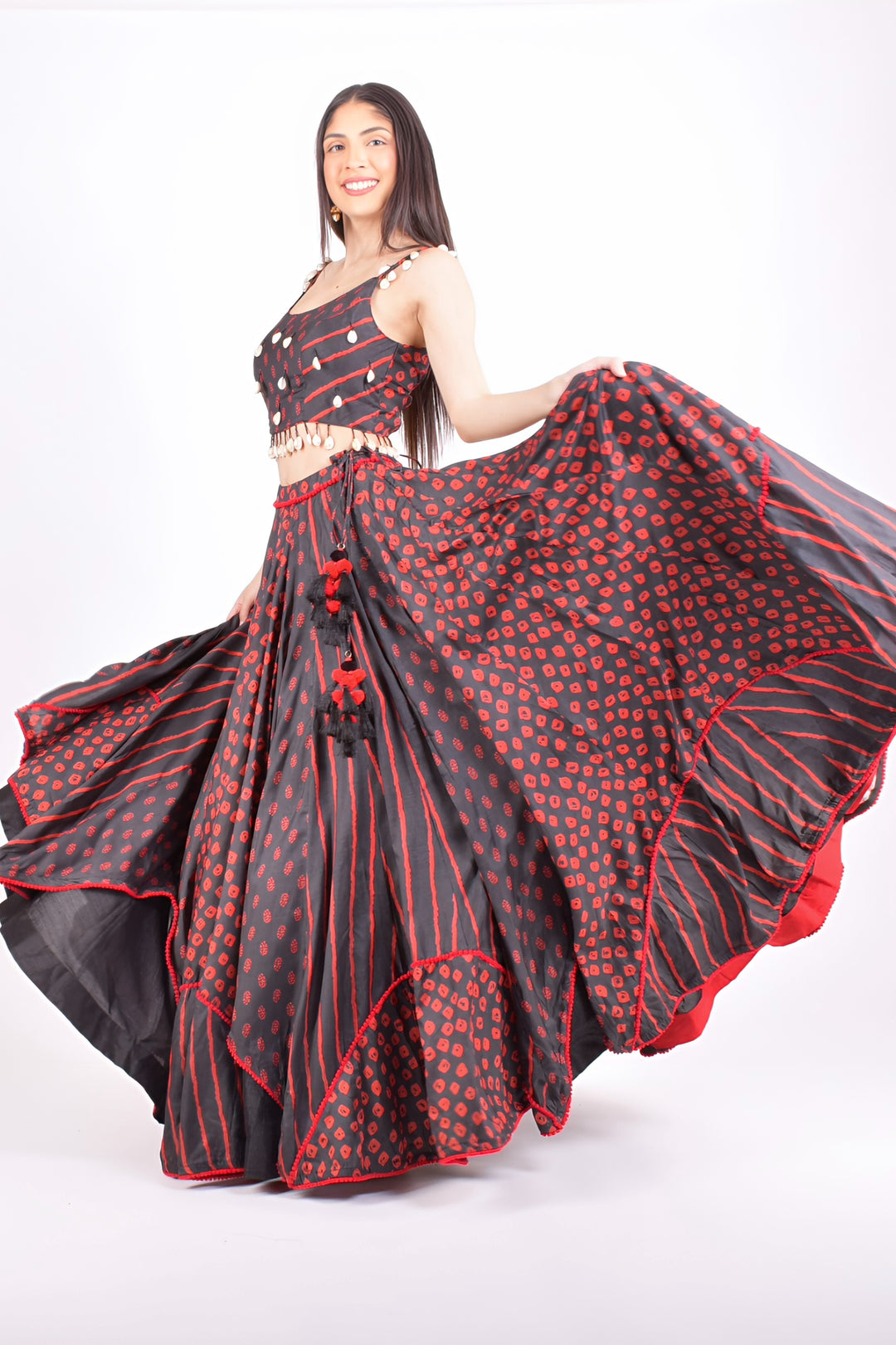 Red and Black Full Flare Chaniya Choli Set-[comfort-first-design]-[lightweight]-Raas