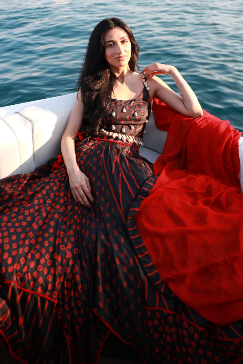 Red and Black Full Flare Chaniya Choli Set-[comfort-first-design]-[lightweight]-Raas