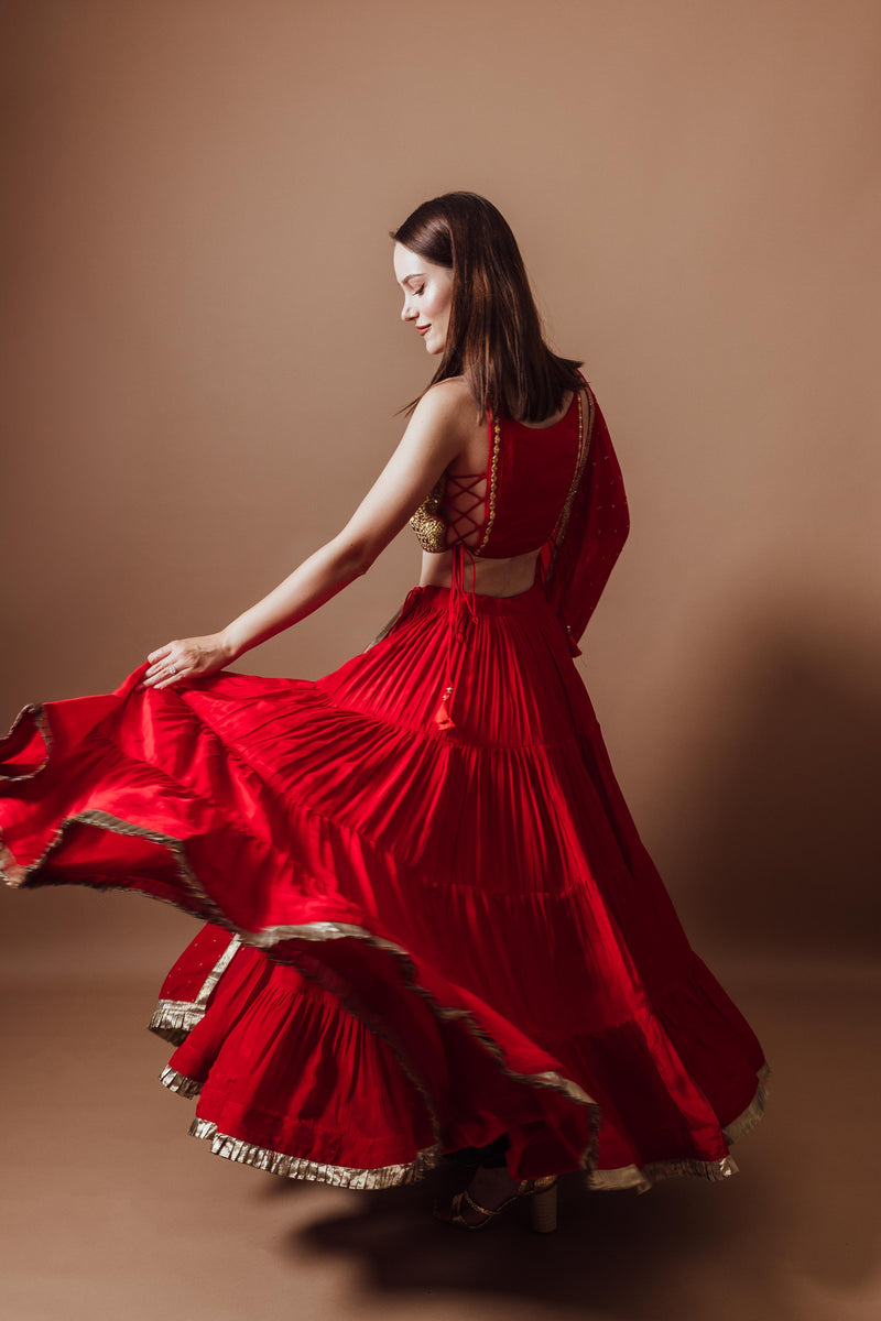 Red and Gold Lehenga Set-[mehendi outfit]-Raas