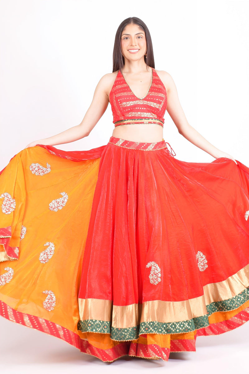 Red and Yellow Full Flare Chaniya Choli Set-[comfort-first-design]-[lightweight]-Raas