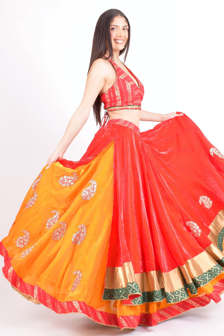 Red and Yellow Full Flare Chaniya Choli Set-[comfort-first-design]-[lightweight]-Raas