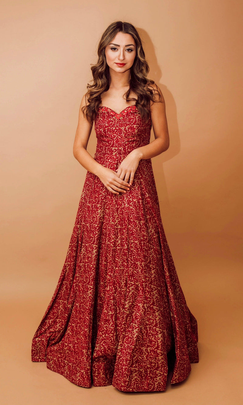 Sia Long Dress with Embroidery: Elegant Cotton-Silk Gown L / Red