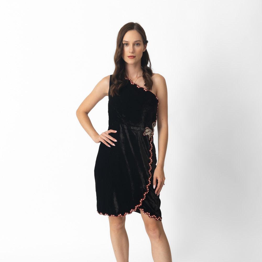 Regina Black Mini Dress with Hand Embroidery-Raas USA