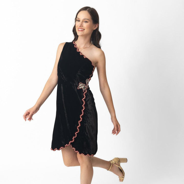 Regina Black Mini Dress with Hand Embroidery-Raas USA