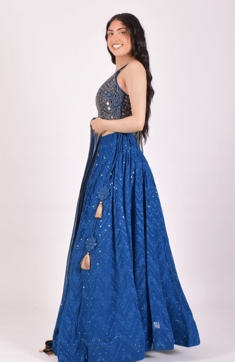Royal Blue Sequin Lehenga Choli With Mirror work Hand Embroidered Blouse