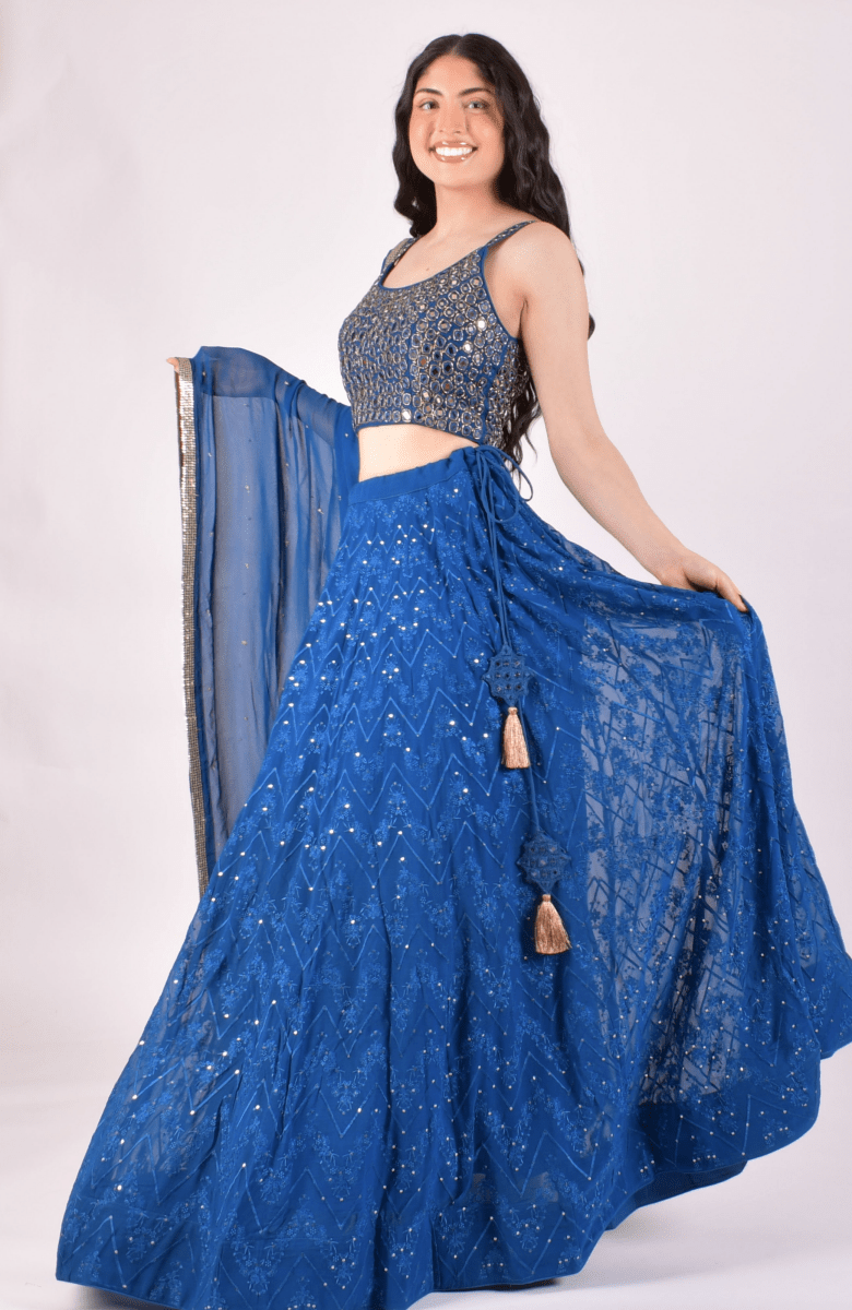 Royal Blue Sequin Lehenga Choli With Mirror work Hand Embroidered Blouse