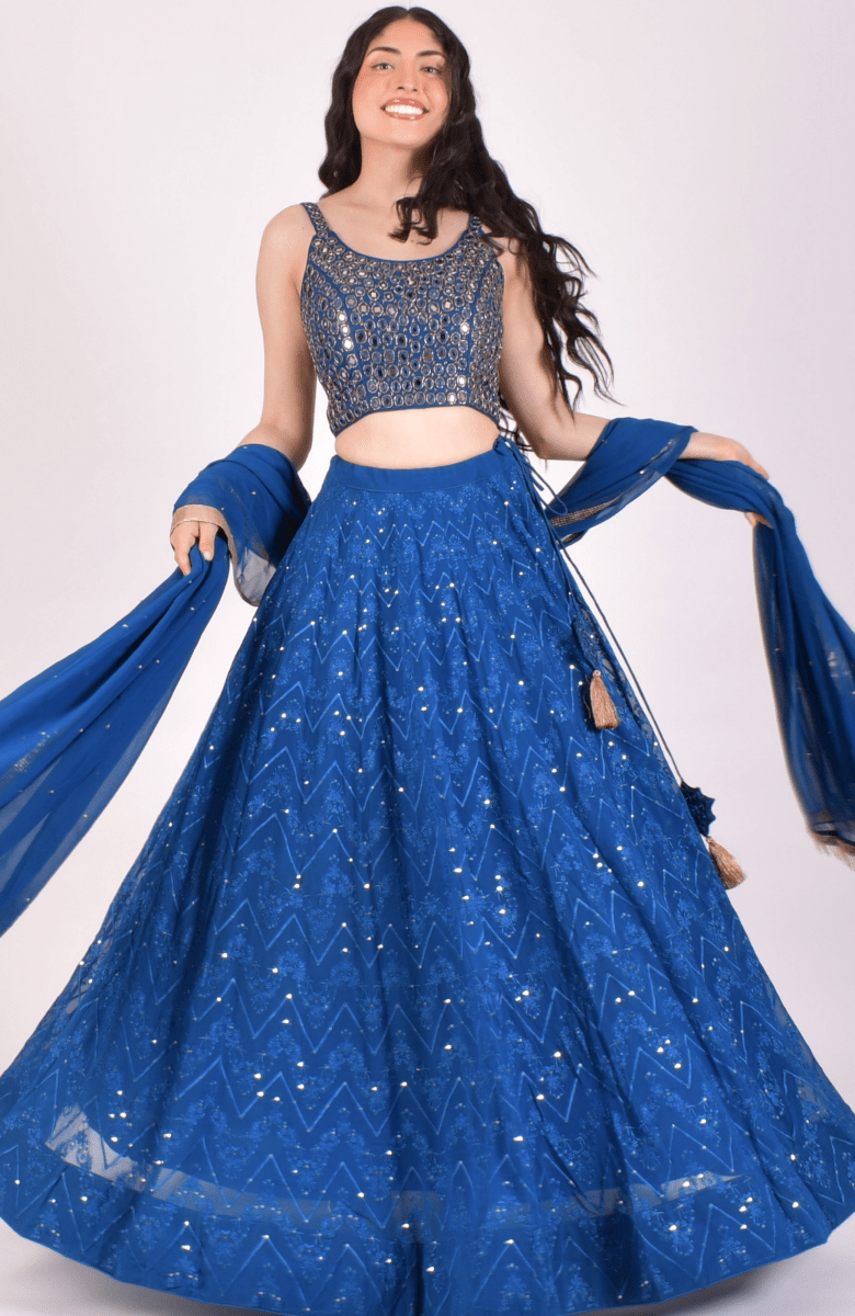 Royal Blue Sequin Lehenga Choli With Mirror work Hand Embroidered Blouse and dupatta