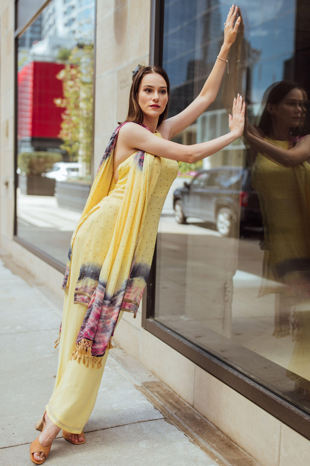 Rue Yellow Palazzo Suit with Sequins Embroidery-Raas