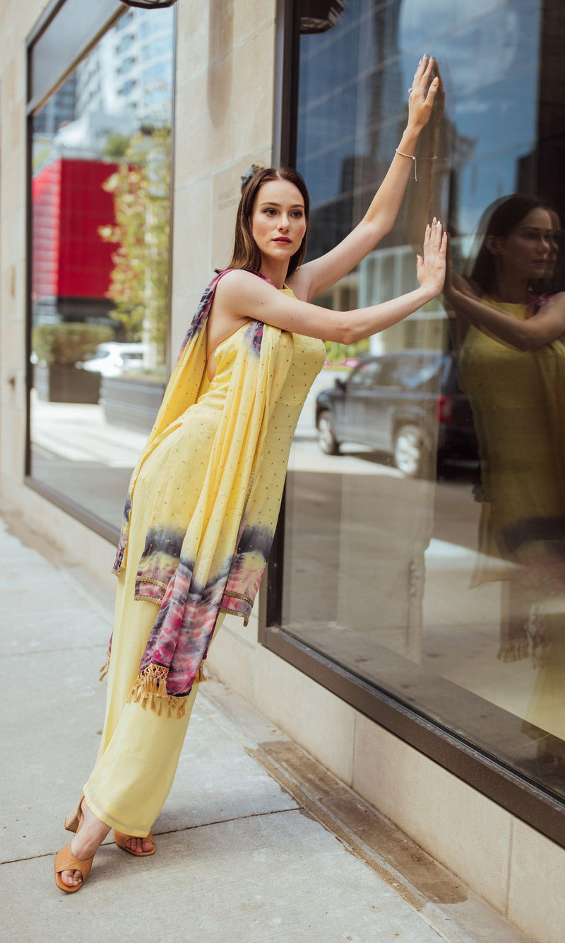 Rue Yellow Palazzo Suit with Sequins Embroidery-Raas