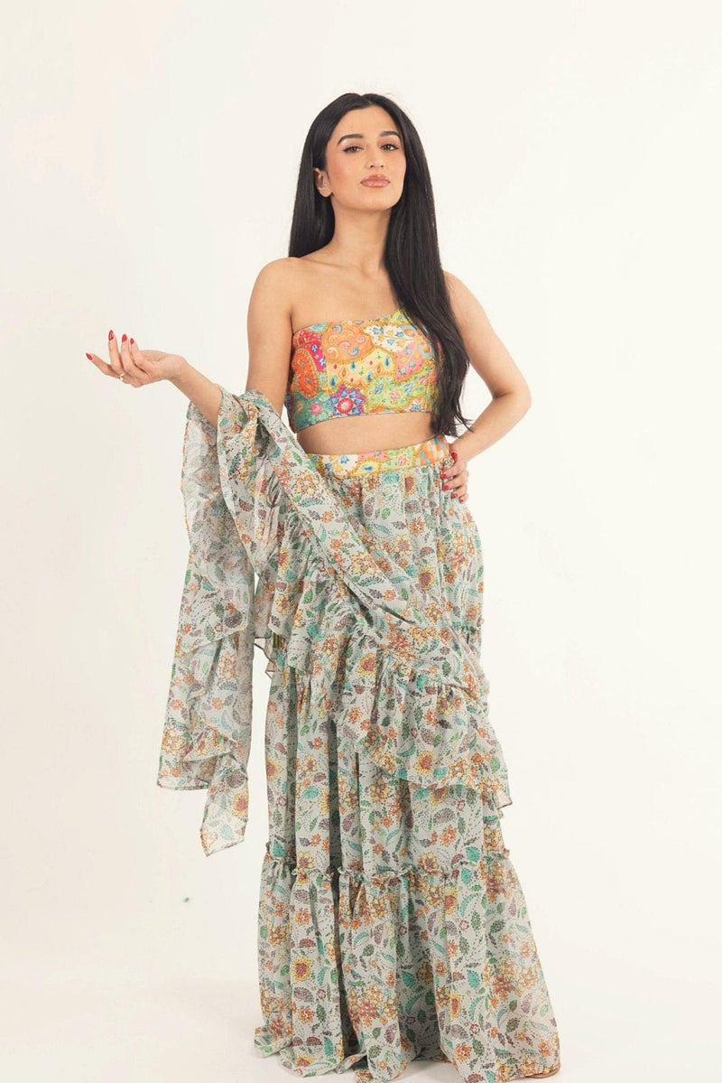 Ruffle Saree Dress with One-Shoulder Blouse-[ruffle_ready_to_wear_saree]-Raas