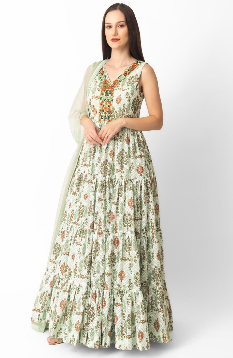 Sage Green Gown Dress with Allover Embroidery
