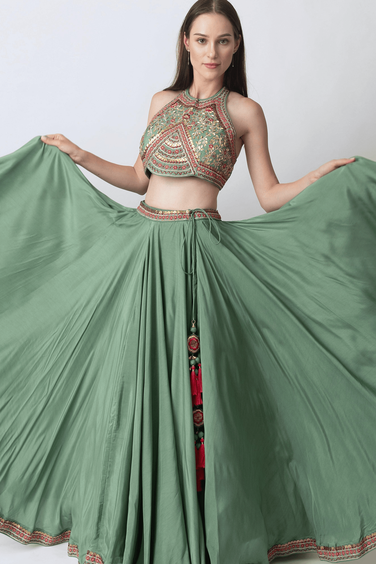 Sage Green Lehenga with Hand Embroidered Blouse and Matching Dupatta-[mehendi outfit]-Raas