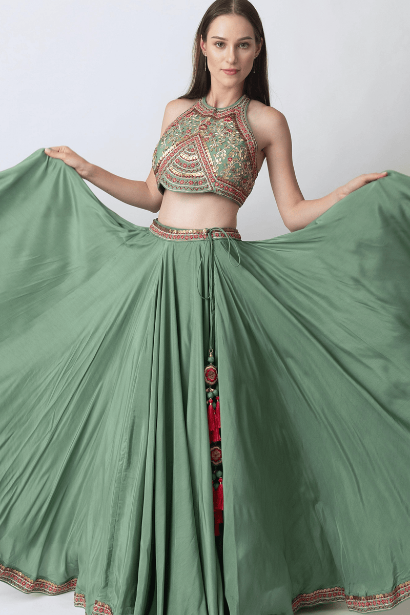 Sage Green Lehenga with Hand Embroidered Blouse and Matching Dupatta-[mehendi outfit]-Raas