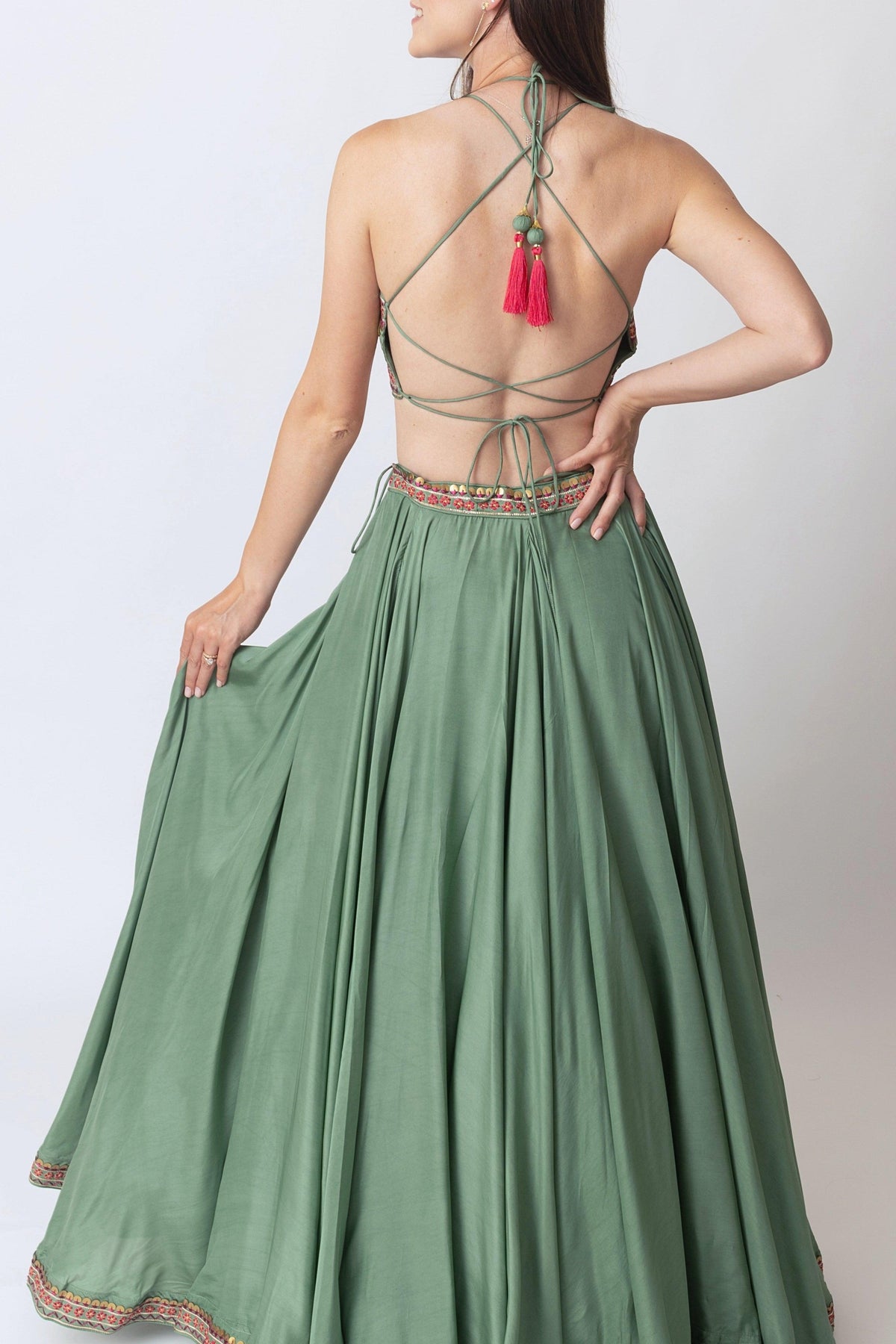 Sage Green Lehenga with Hand Embroidered Blouse and Matching Dupatta-[mehendi outfit]-Raas