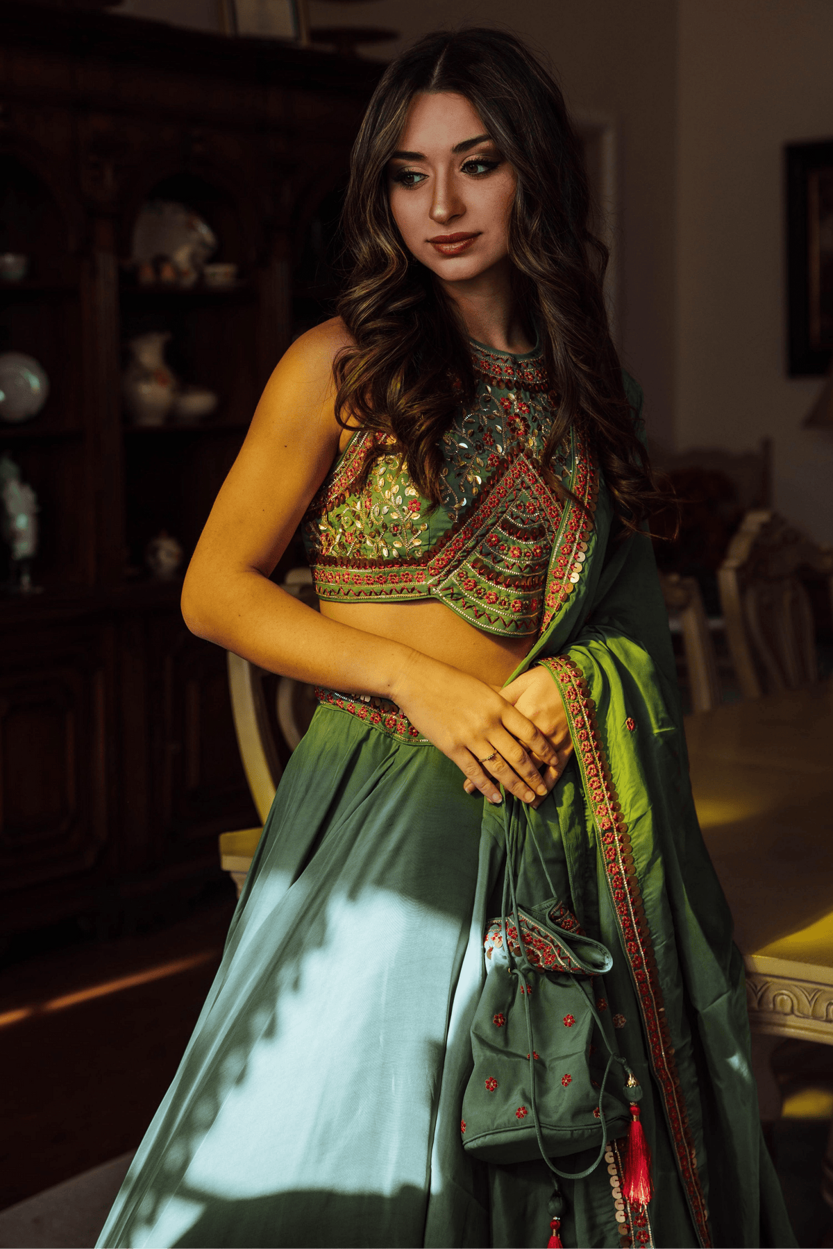 Sage Green Lehenga with Hand Embroidered Blouse and Matching Dupatta-[mehendi outfit]-Raas