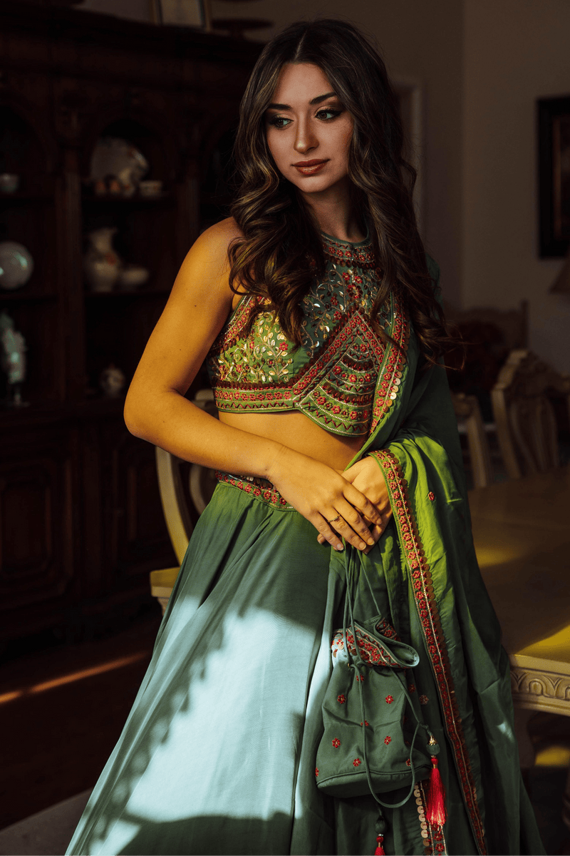 Sage Green Lehenga with Hand Embroidered Blouse and Matching Dupatta-[mehendi outfit]-Raas