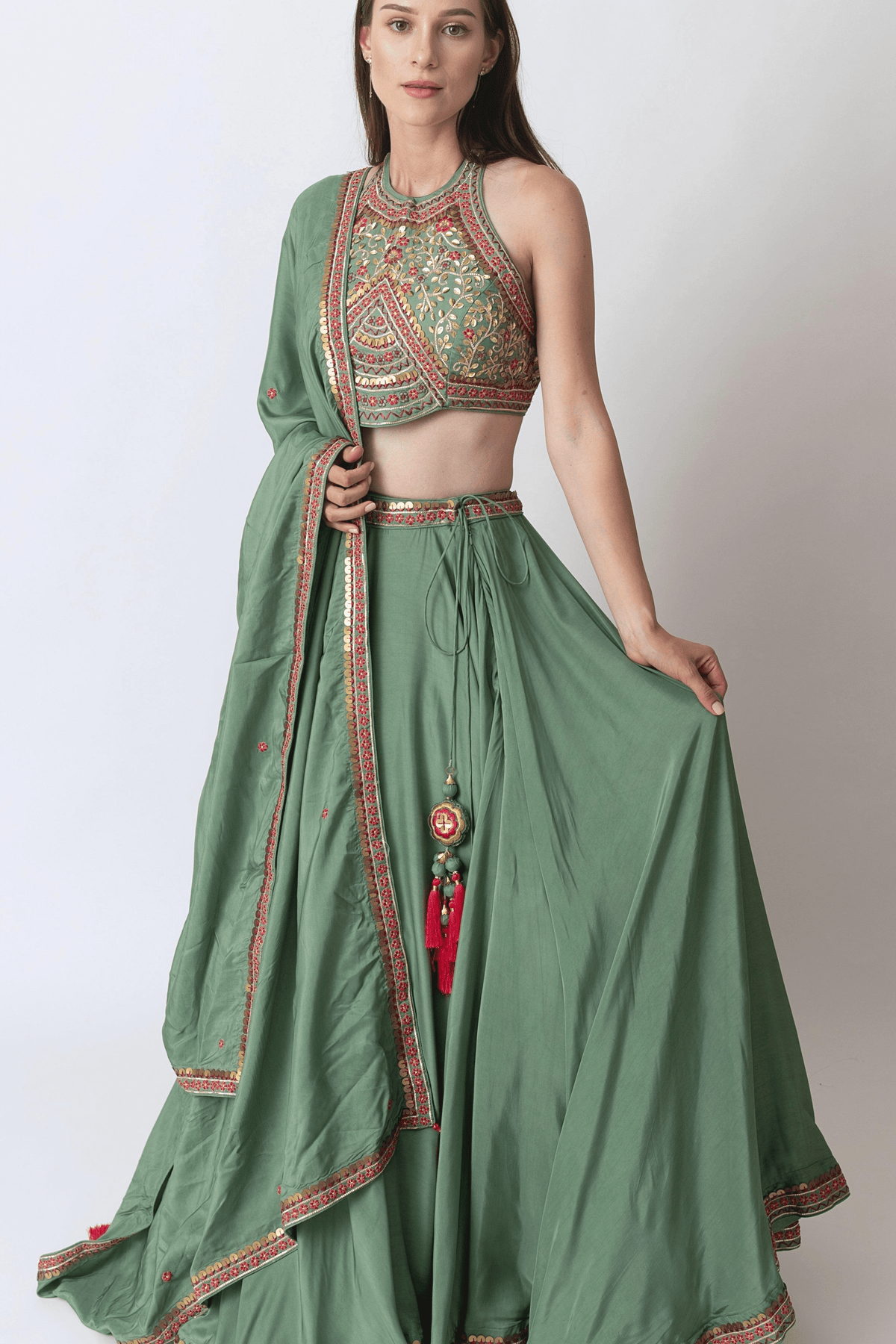 Sage Green Lehenga with Hand Embroidered Blouse and Matching Dupatta-[mehendi outfit]-Raas