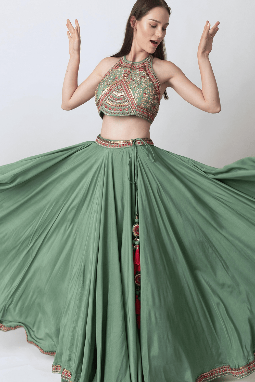 Sage Green Lehenga with Hand Embroidered Blouse and Matching Dupatta-[mehendi outfit]-Raas
