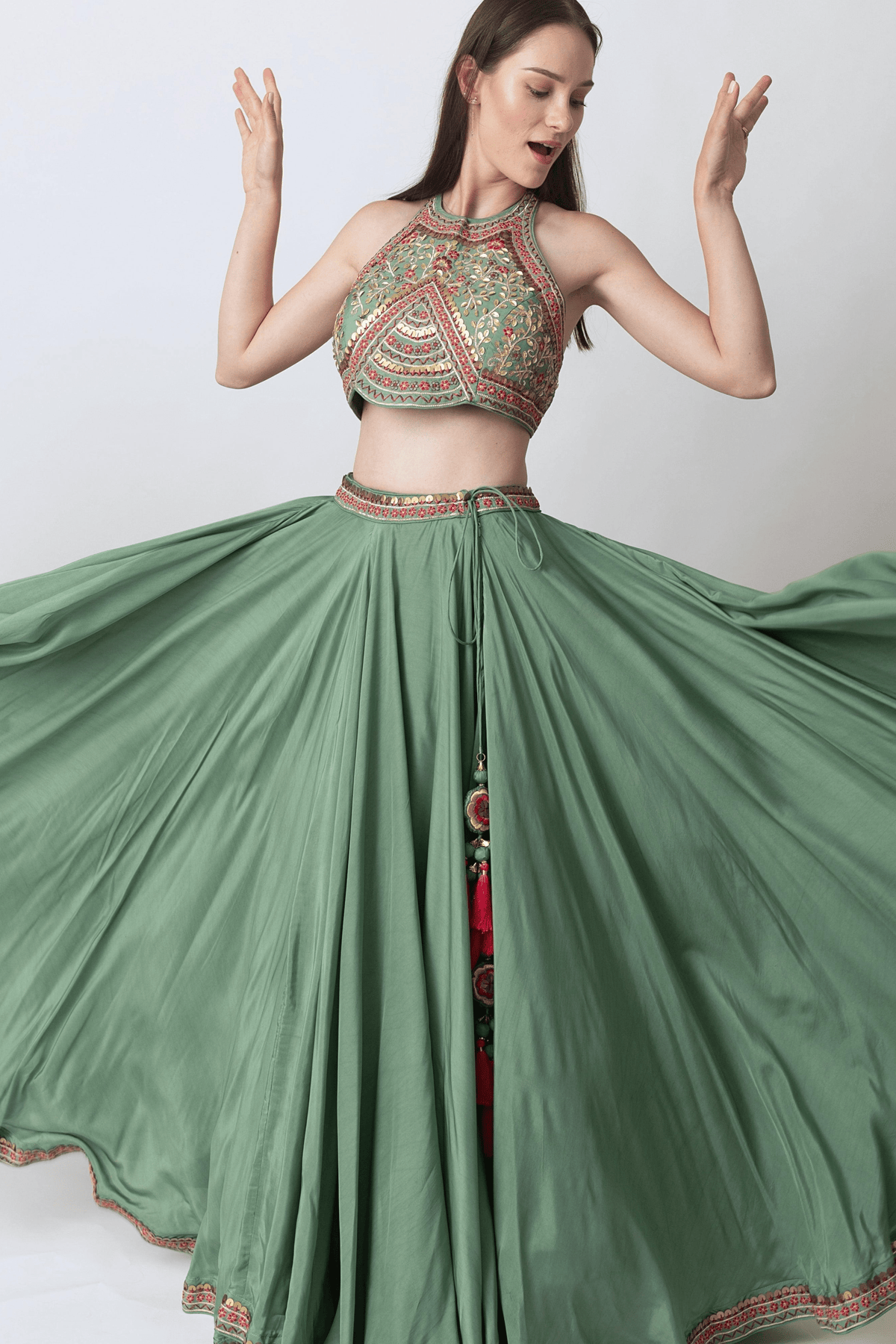 Sage Green Lehenga with Hand Embroidered Blouse and Matching Dupatta-[mehendi outfit]-Raas