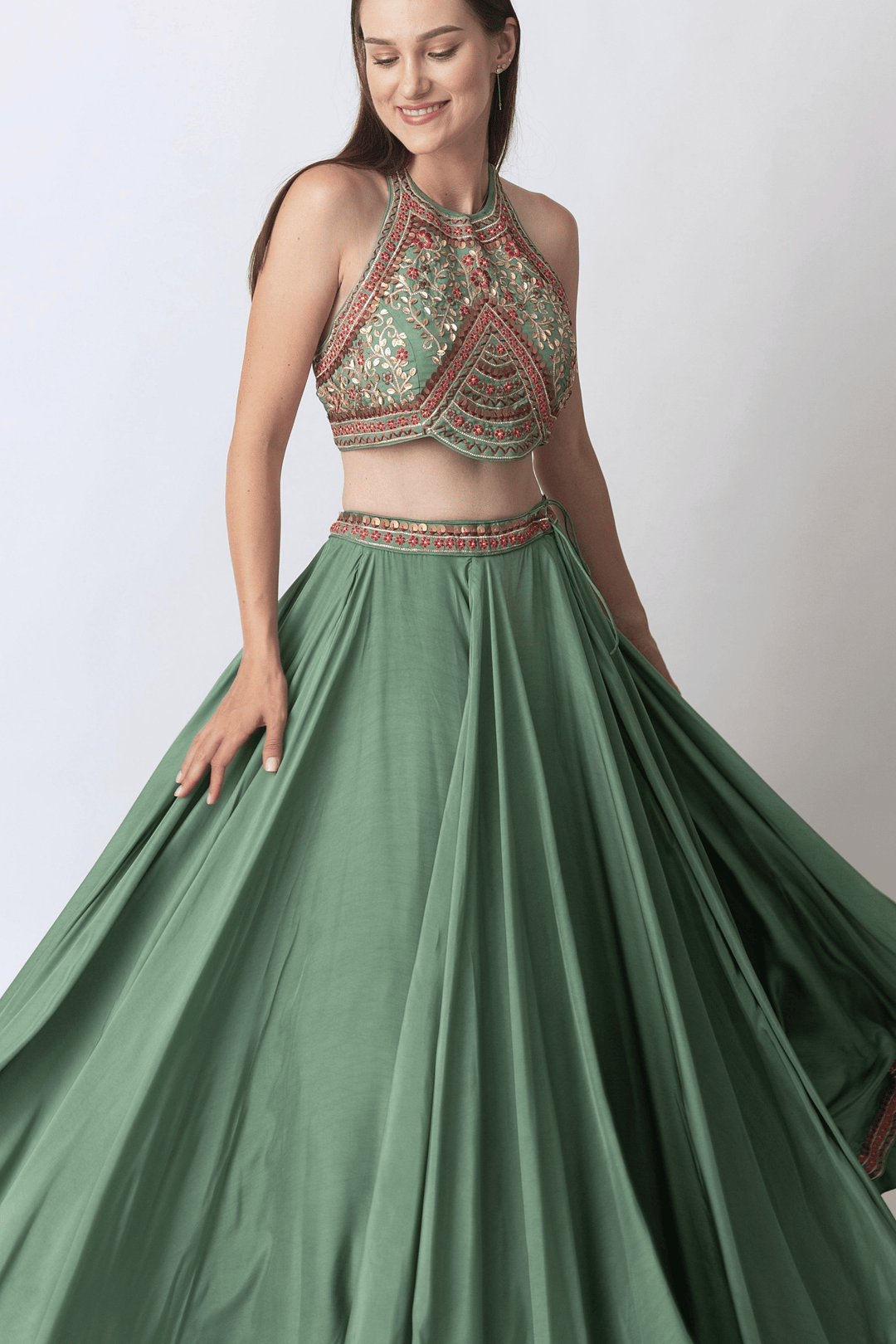 Sage Green Lehenga with Hand Embroidered Blouse and Matching Dupatta-CHANIYA CHOLI-Raas