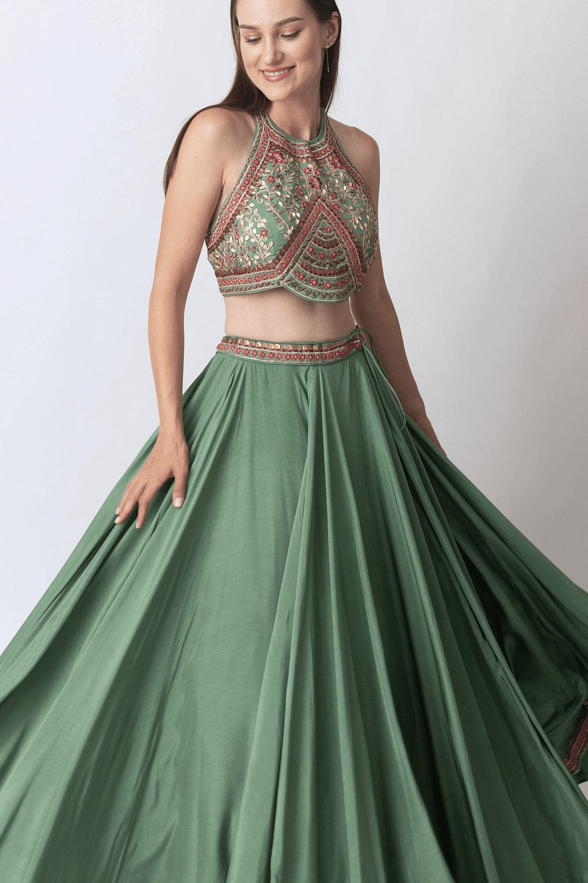 Sage Green Lehenga with Hand Embroidered Blouse and Matching Dupatta-[mehendi outfit]-Raas