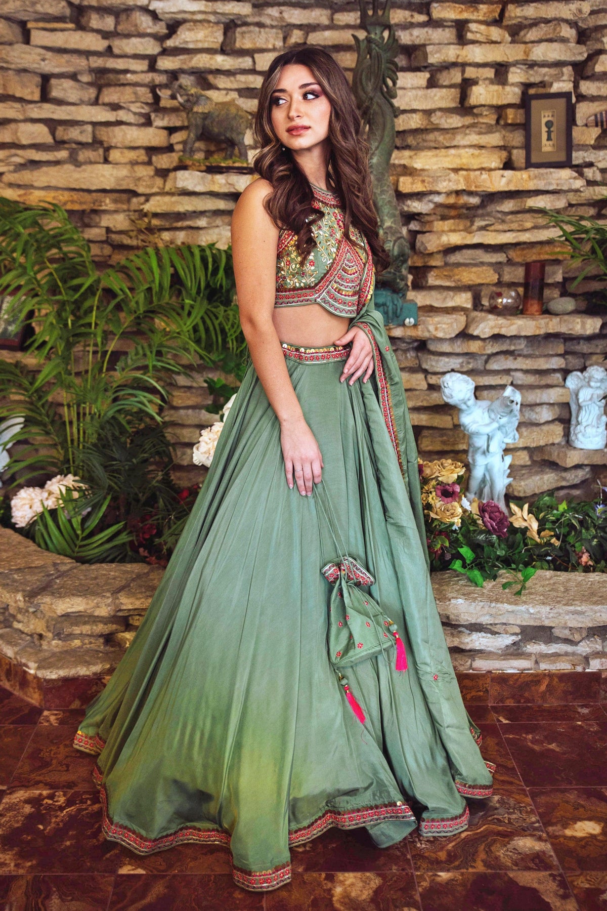Sage Green Lehenga with Hand Embroidered Blouse and Matching Dupatta-[mehendi outfit]-Raas