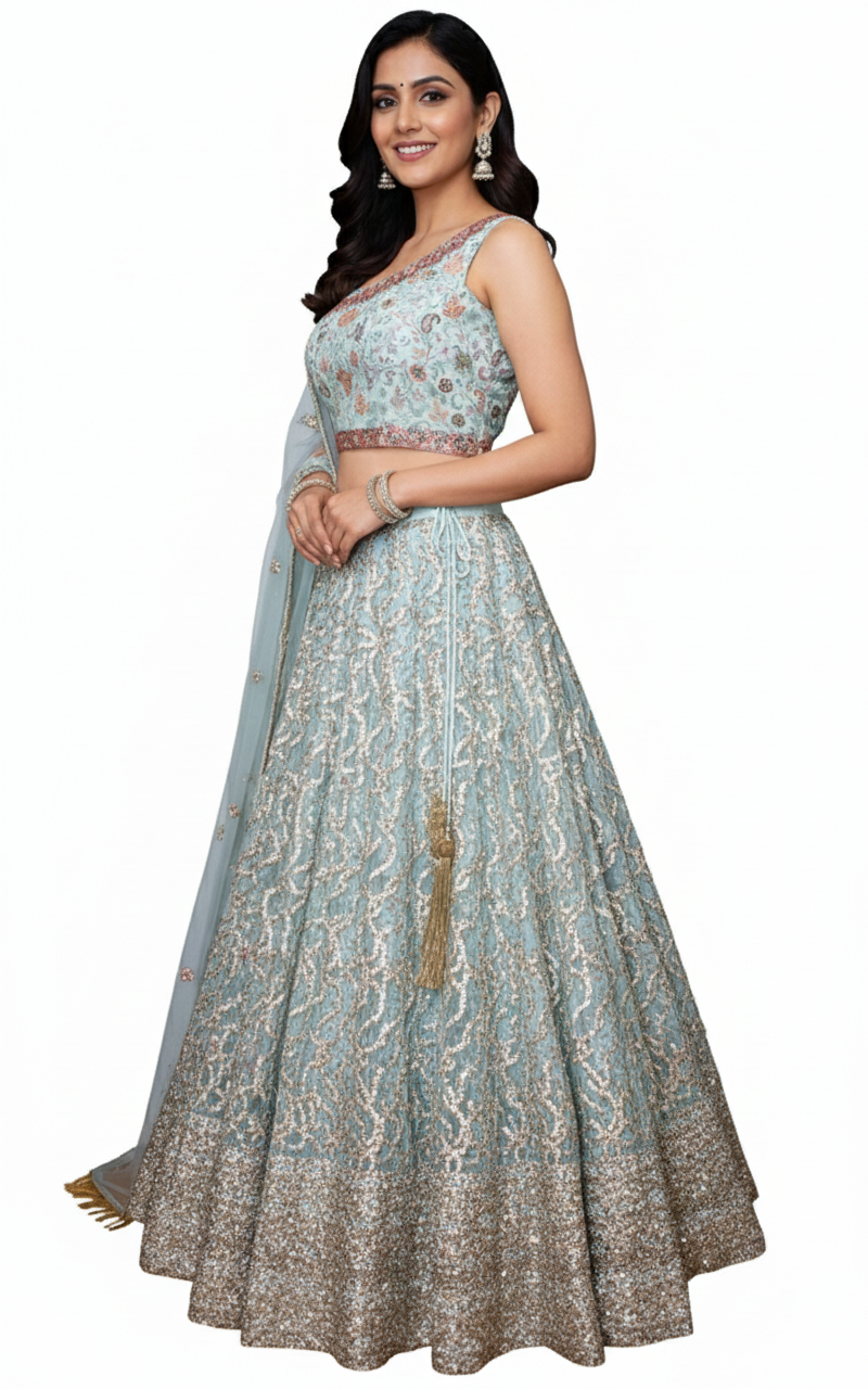 Sage Green Sequins Lehenga Choli with Sequins Embroidery-[mehendi outfit]-Raas
