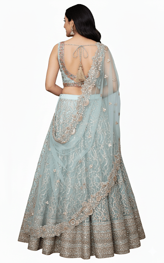 Sage Green Sequins Lehenga Choli with Sequins Embroidery-[mehendi outfit]-Raas