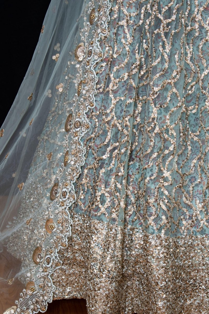 Sage Green Sequins Lehenga Choli with Sequins Embroidery-[mehendi outfit]-Raas