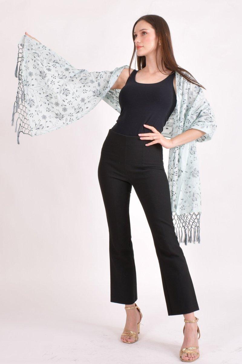 Sage green mul cotton scarf wrap with all-over embroidery and handcrafted tassels, ready to ship from Chicago.