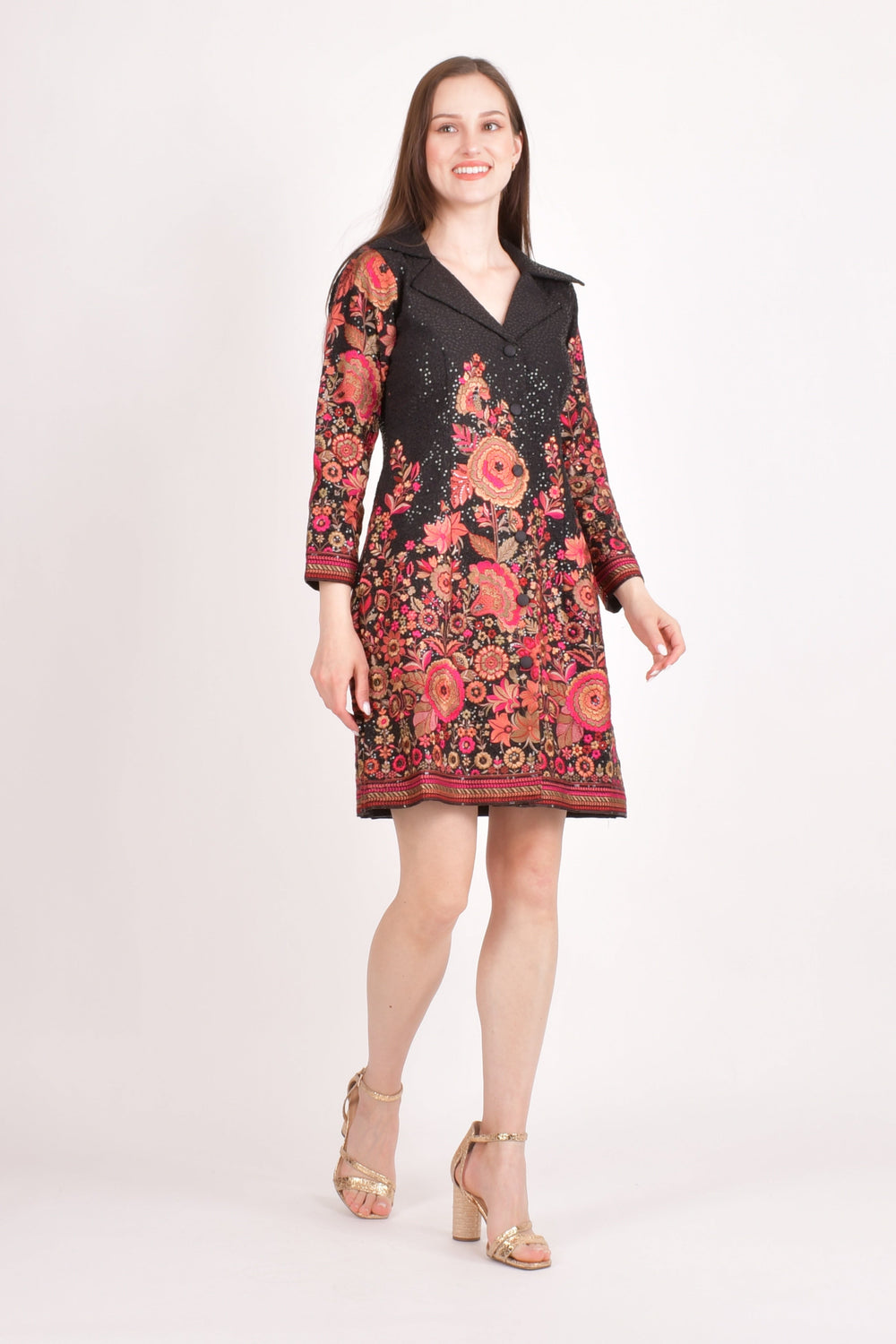 Black sequin blazer dress with vibrant floral resham embroidery, worn by a model.