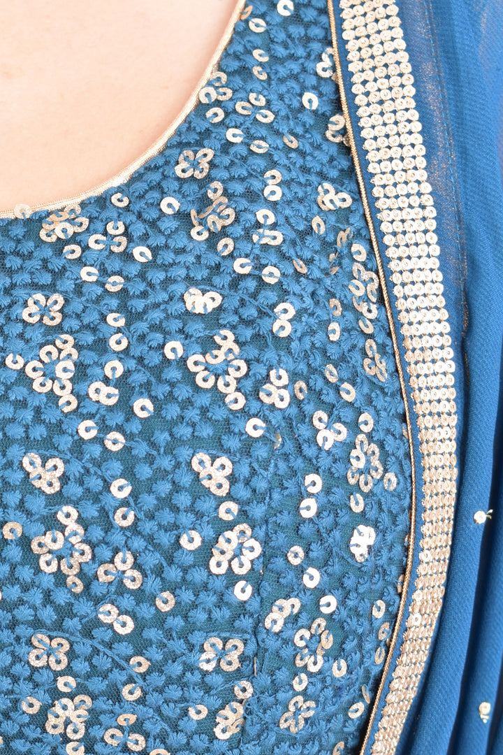 Sequins Teal Blue Lehenga Choli with Embroidery-[comfort-first-design]-[lightweight]-Raas