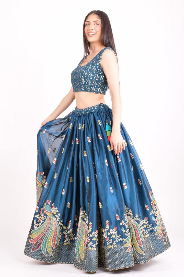 Sequins Teal Blue Lehenga Choli with Embroidery-[comfort-first-design]-[lightweight]-Raas