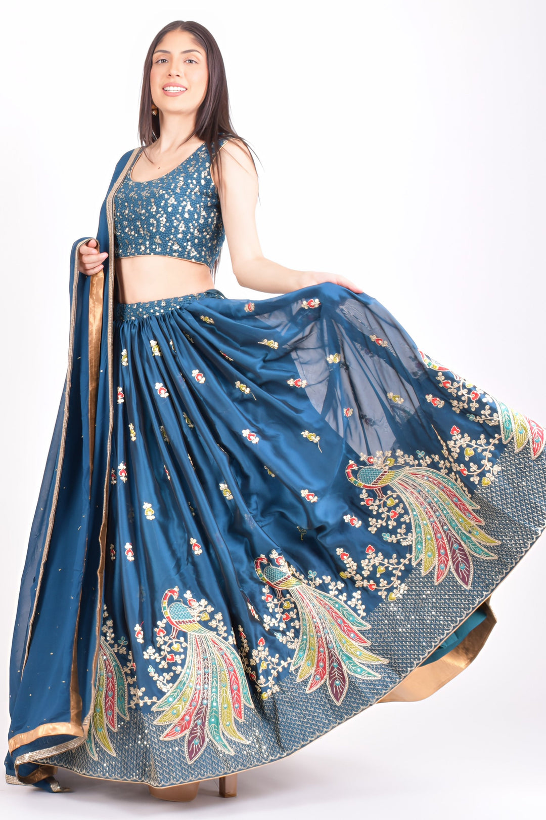 Sequins Teal Blue Lehenga Choli with Embroidery-[comfort-first-design]-[lightweight]-Raas