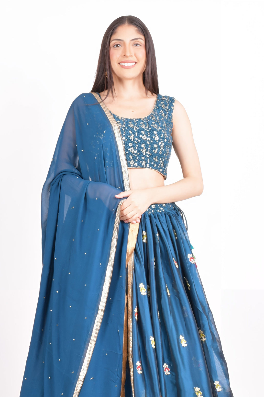 Sequins Teal Blue Lehenga Choli with Embroidery-[comfort-first-design]-[lightweight]-Raas