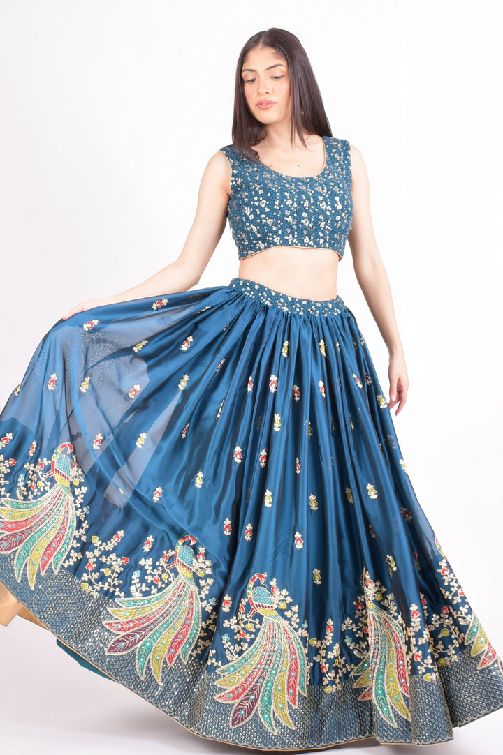 Sequins Teal Blue Lehenga Choli with Embroidery-[comfort-first-design]-[lightweight]-Raas