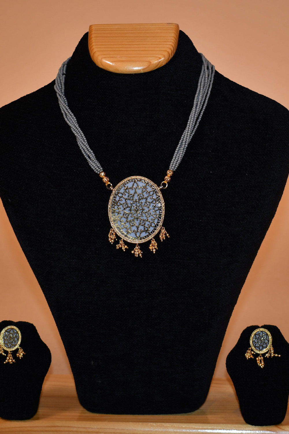 Shade of Grey Necklace Set with Intricate Patterns FASHION JEWELRY RAAS
