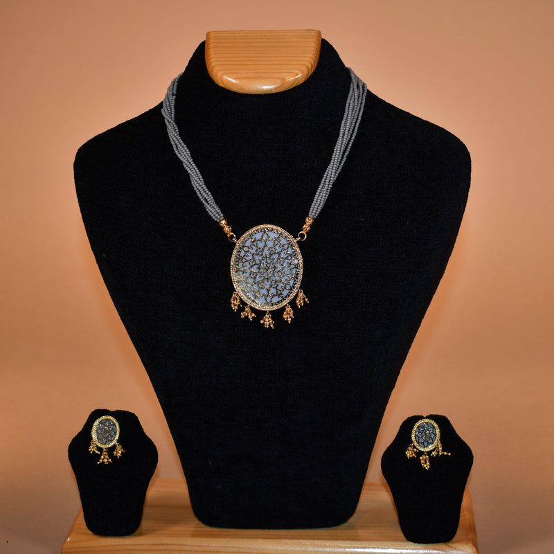 Shade of Grey Necklace Set with Intricate Patterns FASHION JEWELRY RAAS
