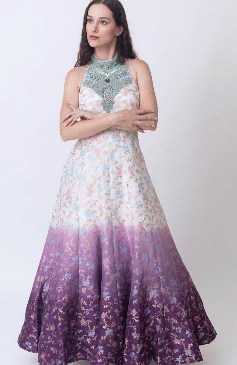 Shaded Banarasi Jacquard dress: off-white to purplish gradient, hand-embroidered torso, rhinestone embellishments.