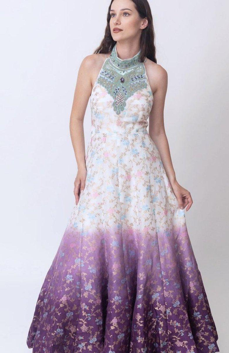 Shaded Banarasi Jacquard dress: off-white to purplish gradient, hand-embroidered torso with rhinestones.