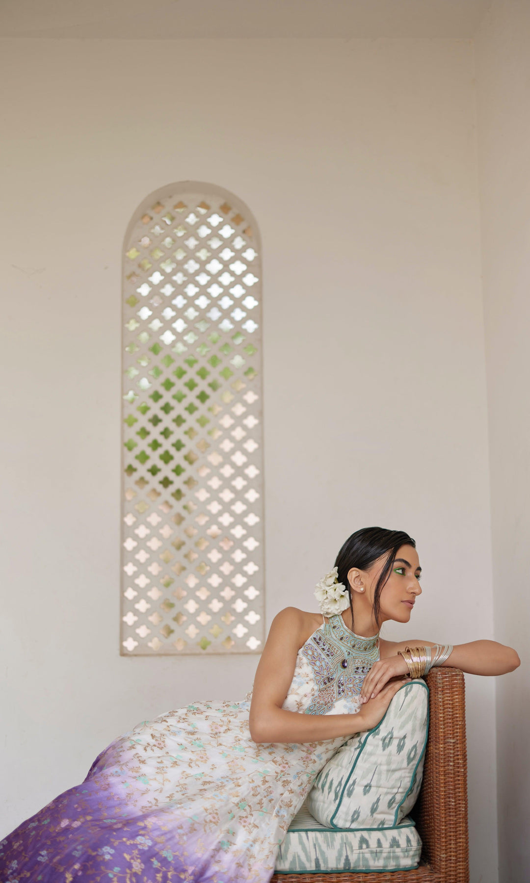 Shaded Banarasi Jacquard Dress with Hand Embroidered Torso-Raas USA