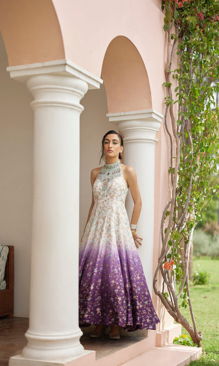 Shaded Banarasi Jacquard Dress with Hand Embroidered Torso-Raas USA